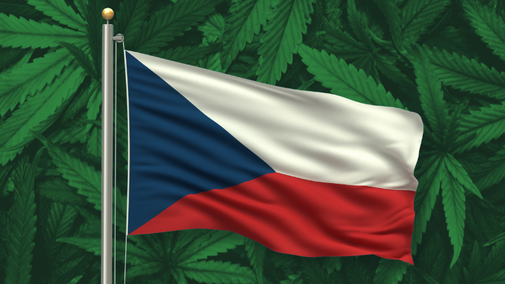 Czech Republic flag flies against a background of cannabis leaves